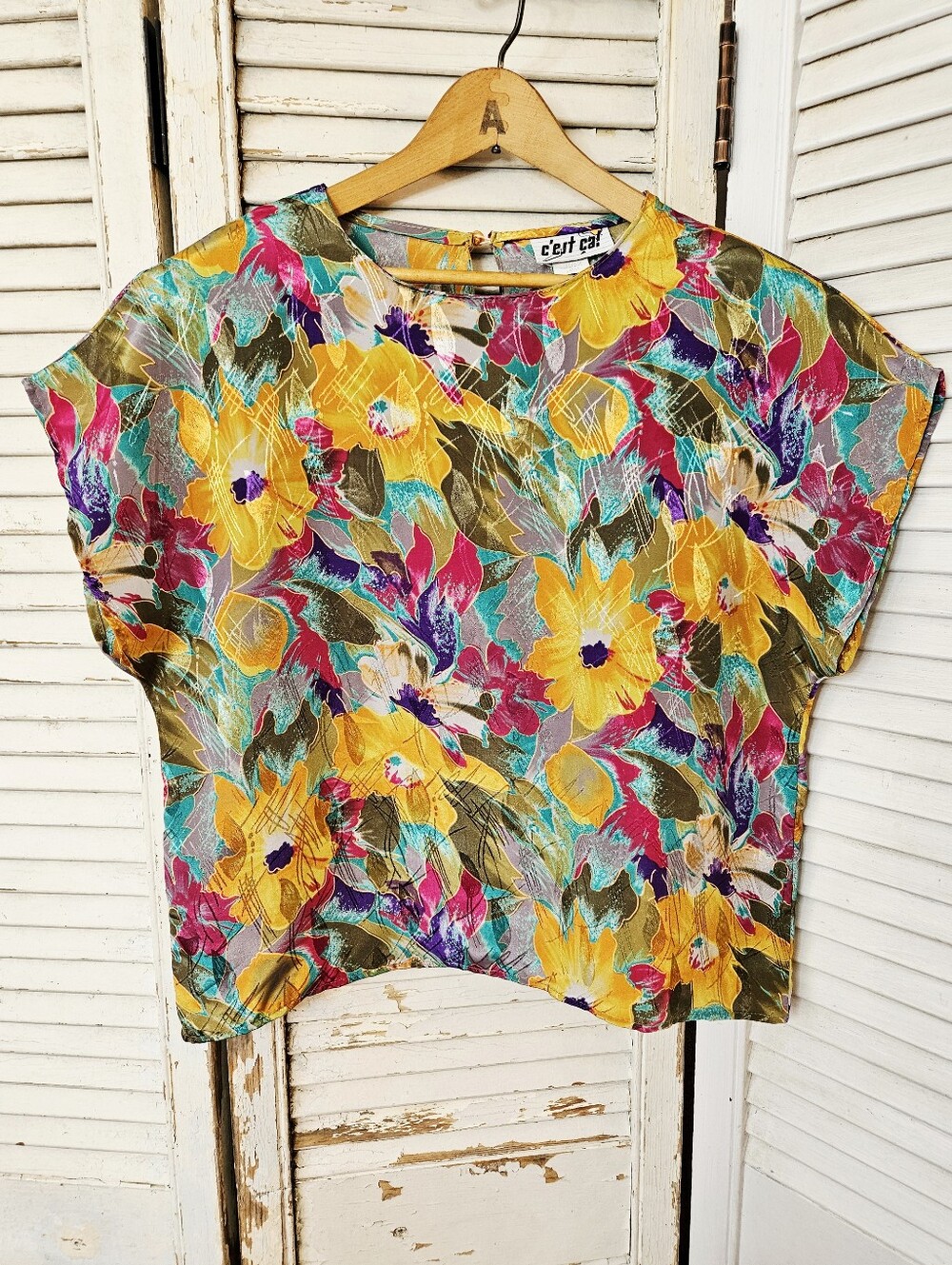 Vintage 80s Floral Satin Cap Sleeve Shell Blouse Yellow, Pink & Purple Large
